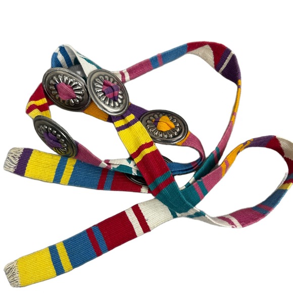 Accessories - Concho Woven Cotton Belt Womens Multi Silver Boho Hippie Belly Dancer Tie Stripe